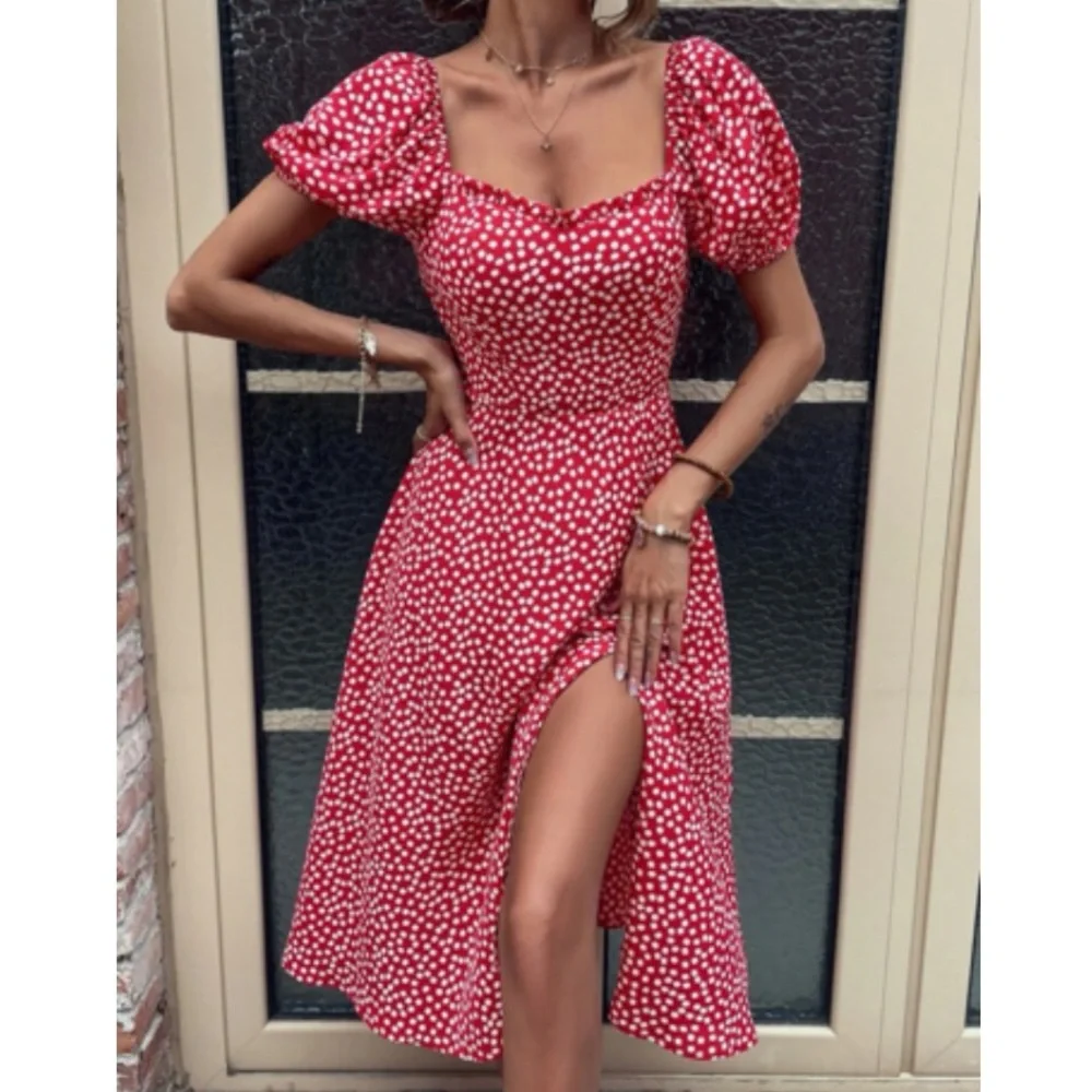Boho polka dots puff sleeve slit thigh dress - Picture 3 of 16